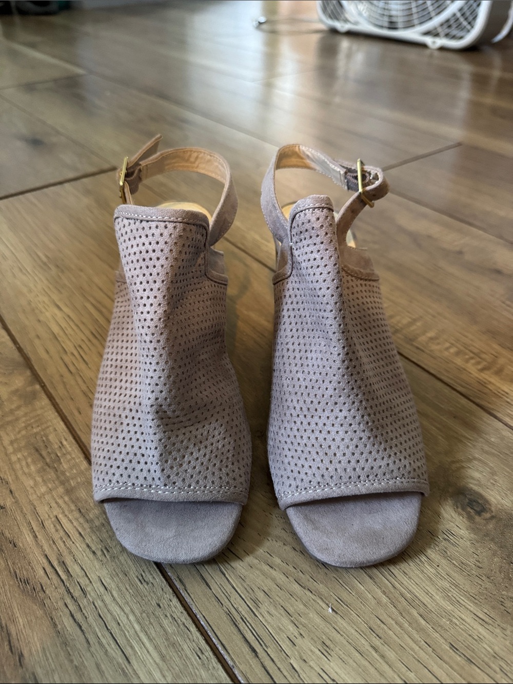 Liz Claiborne Women’s Open-Toe Perforated Slingback Heels in Grey
